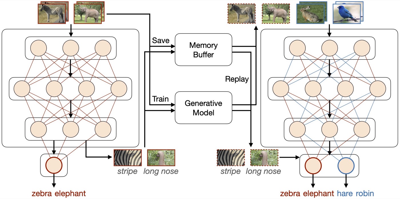 Replay 家族的机制示意:学任务 A 时把少量真样本存进 memory buffer(experience replay)或训一个生成模型(generative replay),学任务 B 时把旧数据/生成数据混进来一起训,让新模型同时罩住新旧分布;feature replay 则把回放对象从原始数据换成特征。三条子路线的取舍是存储成本、隐私与保真度。